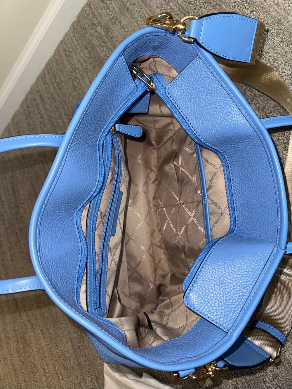 Michael Kors Sky Blue Pebble Leather Tote with Tan Strap